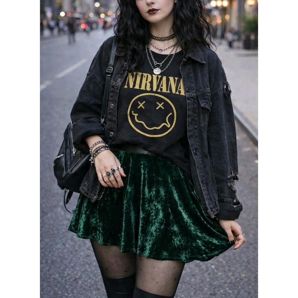 GAP Crushed Velvet Skater Skirt Womens 12 Emerald Green Silk Blend 90s Grunge